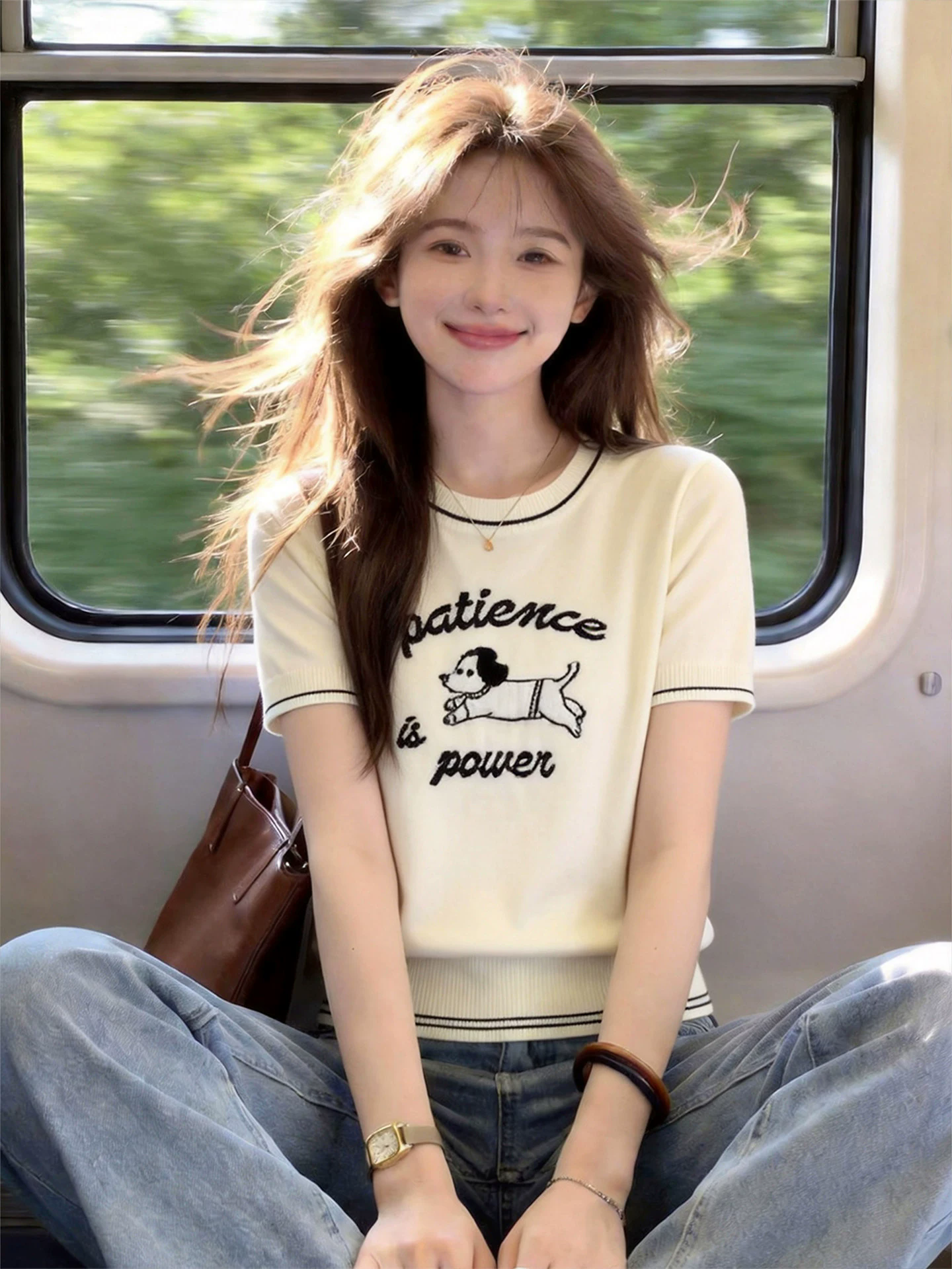 mm 한국 스타일 캐주얼 바람 라운드 넥 강아지 알파벳 프린트 반팔 티셔츠 여성 여름 슬림해 보이는 연령 감소 맨위