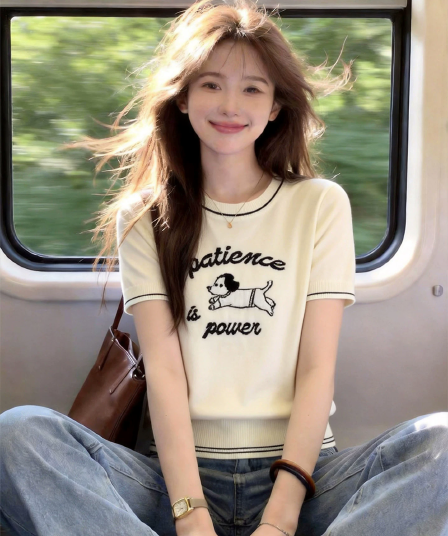 mm 한국 스타일 캐주얼 바람 라운드 넥 강아지 알파벳 프린트 반팔 티셔츠 여성 여름 슬림해 보이는 연령 감소 맨위