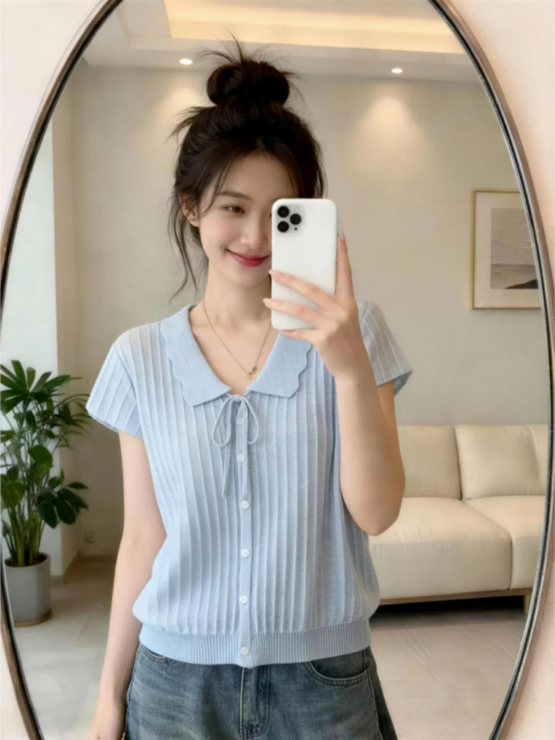 연령 감소 패션 폴로 칼라 레이스업 반팔 니트 오픈 가디건 여성 여름 빅 사이즈 통통한 여동생 슬림해 보이는 통기성 파란색 맨위