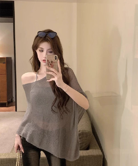 레트로 얇은 스타일 섹시함 비스듬한 어깨 민소매 니트 스웨터 여성 여름 새로운 자외선 차단 의류 불규칙 망토 블라우스 맨위