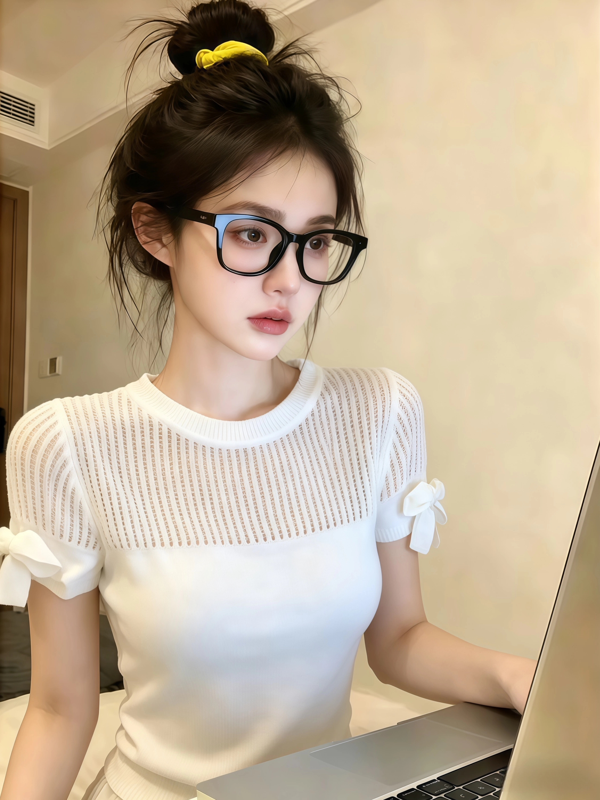 2026 홀로우 아웃 나비 매듭 라운드 넥 니트 반팔 티셔츠 여성 여름 새로운 고급 센스 고유 한 맨위