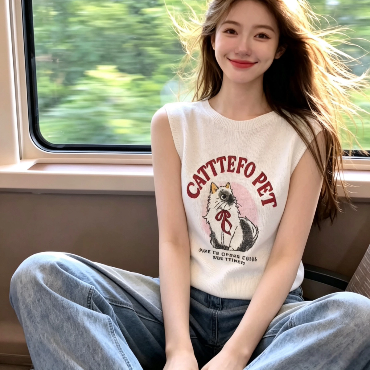 2026 한 부서 부드러운 바람 새끼 고양이 프린트 니트 스웨터 여성 여름 새로운 Feifei 소매 외출용 맨위