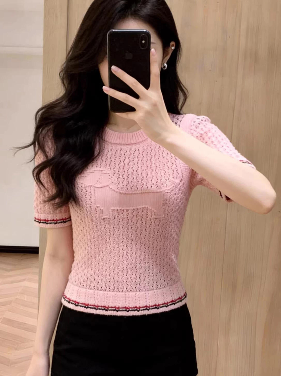 여름 홀로우 아웃 니트 반팔 여성 루즈핏 닥스 훈트 라운드 넥 슬림해 보이는 외국 가스 다용도 티셔츠 프린트 맨위 작은 셔츠