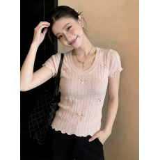 夏季新款甜美风粉色蝴蝶结针织短袖t恤女修身显瘦设计感百搭上衣