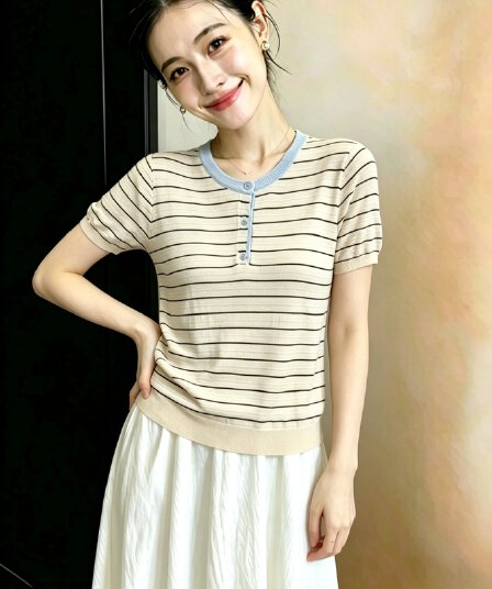 세 버클 라운드 넥 반팔 니트 스웨터 여성 2026 봄 여름 새로운 한 부서 배색 스트라이프 느긋한 다용도 맨위