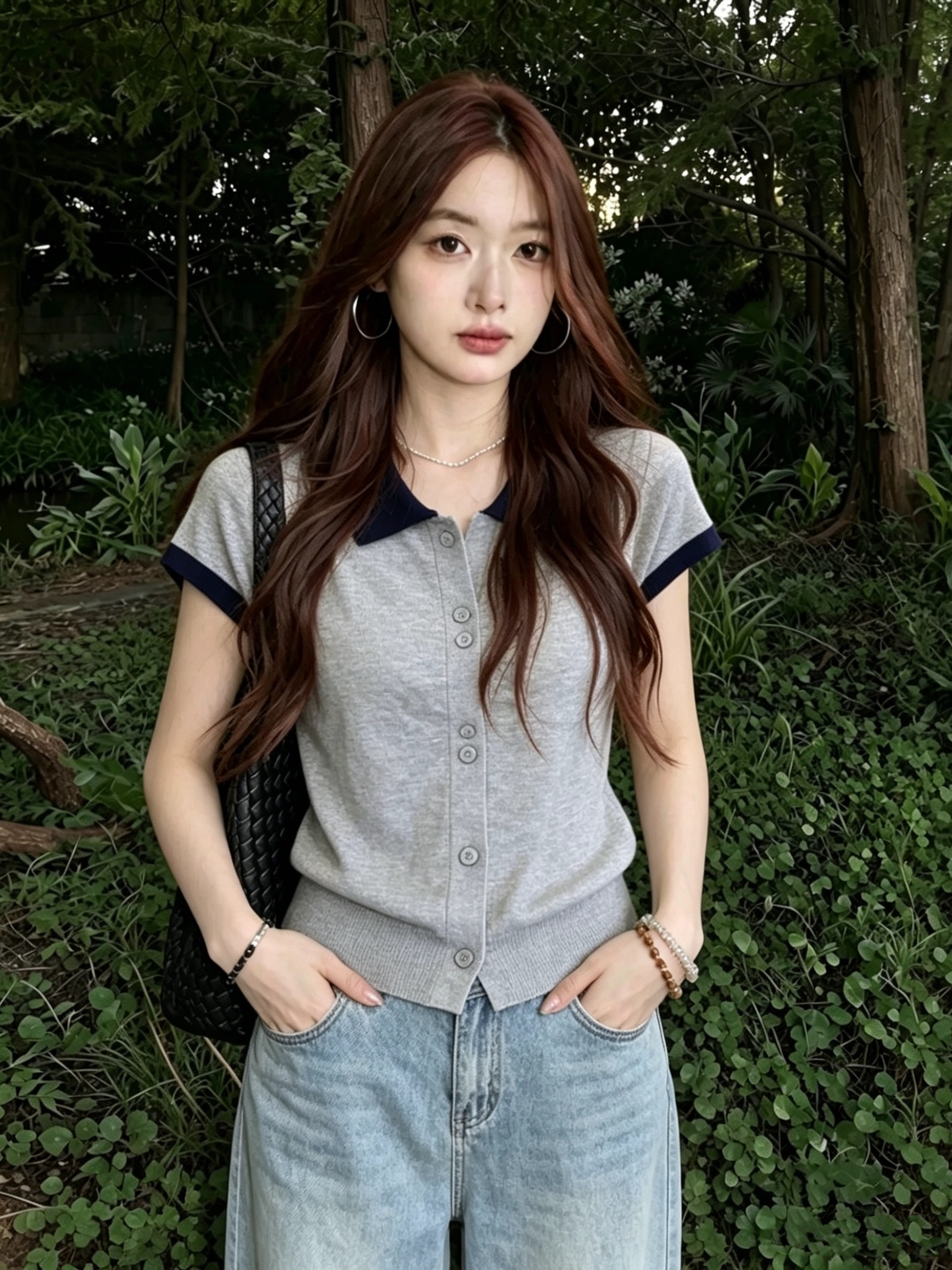 프랑스식 POLO 칼라 배색 측면 단추 몸매 가꾸기 티셔츠 여성 여름 자이언트 잘 생긴 한 부서 니트 얼음 실크 반팔 맨위