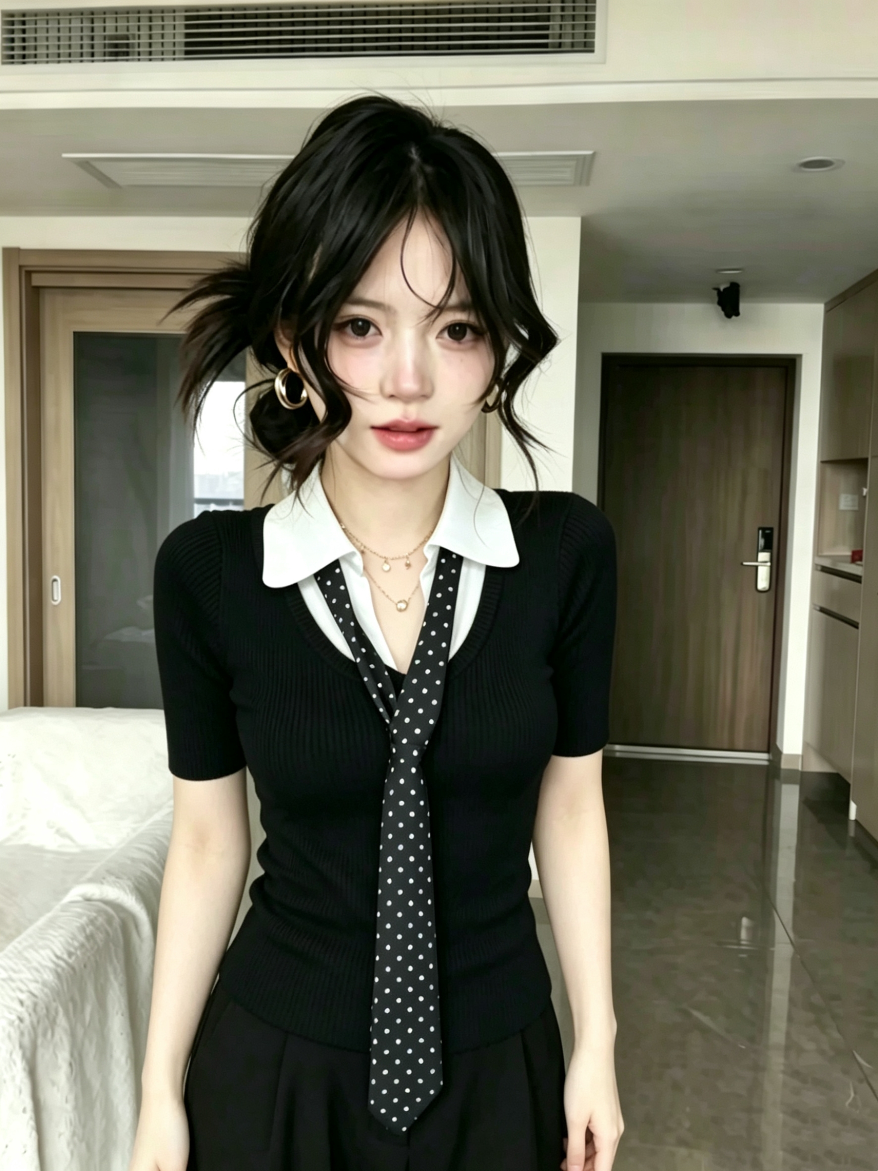 핫걸 디자인 센스 페이크 레이어드 중간 소매 순수한 욕망 바람 여름 Chic 몸매 가꾸기 슬림해 보이는 달콤함 반팔 맨위 패션