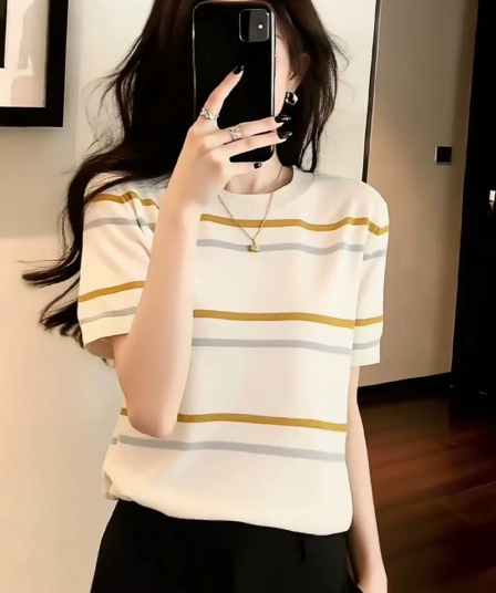 한 부서 달콤함 학원 스타일 살구 색상 라운드 넥 스트라이프 반팔 니트 스웨터 여성 봄 여름 착용 가져 가라. 인사이드 가져 가라. 만나는 맨위