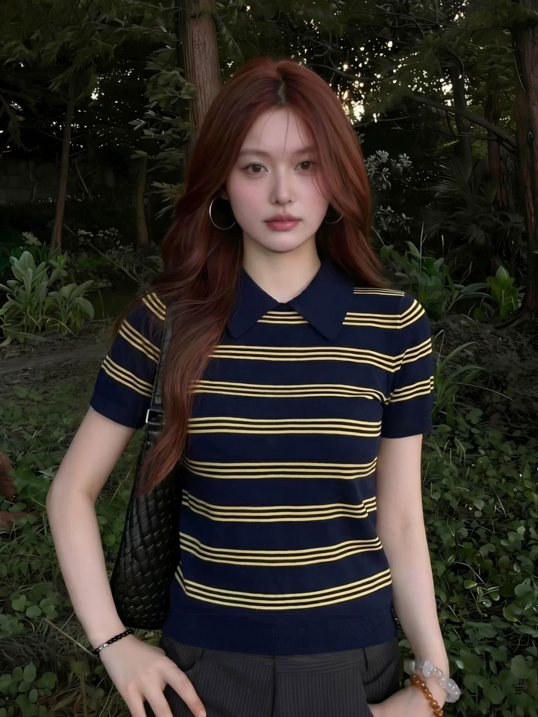 한 부서 착용 가져 가라. 레트로 스트라이프 니트 POLO 셔츠 여성 여름 2026 새로운 프랑스식 긍정적 인 어깨 반팔 티셔츠 맨위