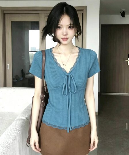 한 부서 파란색 V넥 레이스 레이스 긍정적 인 어깨 반팔 티셔츠 여성 여름 슈퍼 잘 생긴 몸매 가꾸기 슬림해 보이는 chic 작은 맨위