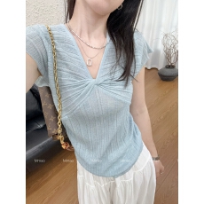 批发Mmao设计感扭结V领针织短袖女2026夏季新款透气薄款冰丝t恤上衣
