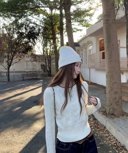 한 부서 디자인 센스 배색 홀로우 아웃 긴팔 스웨터 여성 의류 겨울 작은 대중 부드러운 찹쌀 쇼트 스타일 인사이드 가져 가라. 니트 스웨터 맨위