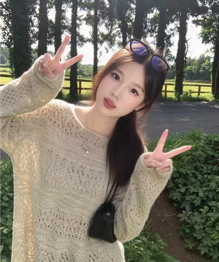 모헤어 부드러운 바람 홀로우 아웃 자수 니트 블라우스 이른 가을 착용 가져 가라. 루즈핏 라운드 넥 한 부서 느긋한 스웨터