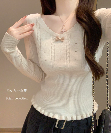 miu 부서 나비 매듭 V넥 레이스 니트 기본 셔츠 여성 이른 가을 2026 인사이드 가져 가라. 프릴 스웨터 가을 맨위