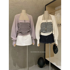 批发十三行Y.JIA伊嘉秋季韩系复古针织<b class='q'>条纹</b>抹胸+披肩开衫两件<b class='q'>套装</b>女