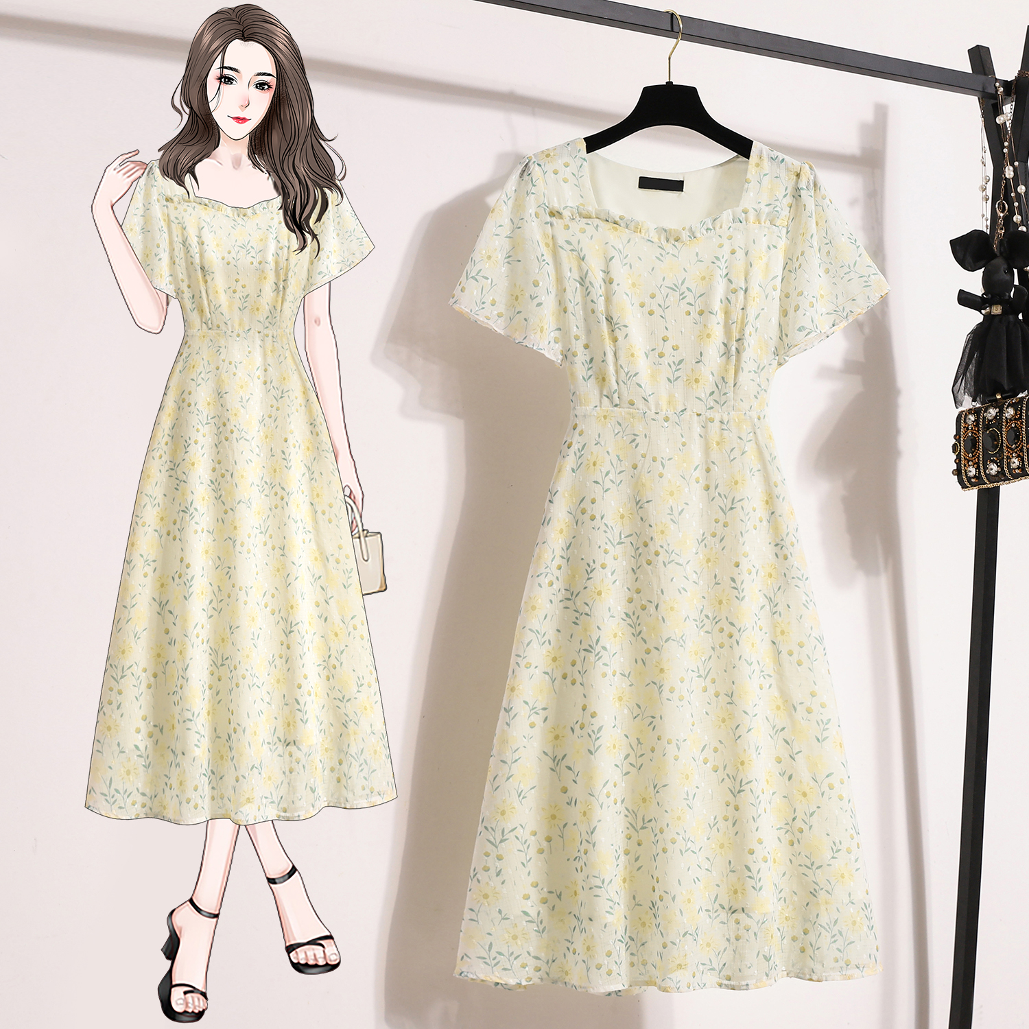 RY632# 实拍大码女装2026夏季新款碎花连衣裙微胖妹修身显瘦气质长裙