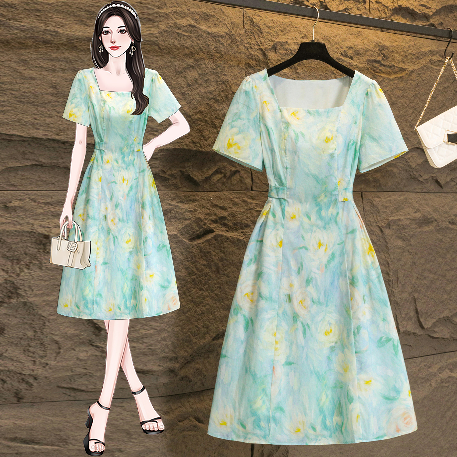 RY625# 实拍大码女装微胖妹2026夏季新款气质印花收腰显瘦显白连衣裙