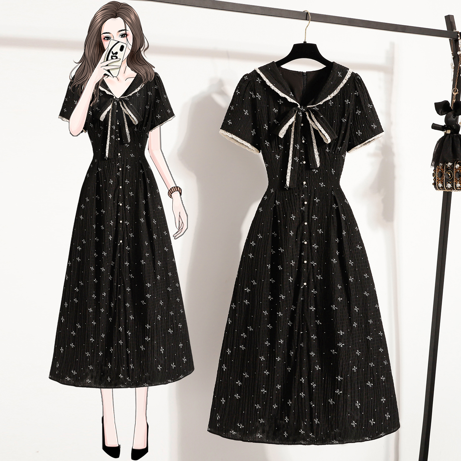 RY628# 实拍大码女2026夏季新款韩系碎花蕾丝拼接系带设计高腰显瘦连衣裙