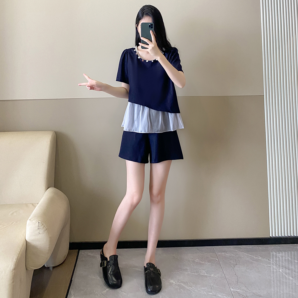 RY3006# 实拍2026夏季大码女装深蓝色珍珠装饰网纱拼接假两件短款显瘦套装