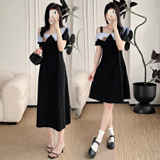 批发实拍大码学院风甜美翻领连衣裙女<b class='q'>夏季</b>胖mm显瘦俏皮可爱收腰小黑裙