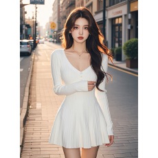 批发韩系针织千金风性感露锁骨低V领百褶连衣裙