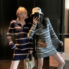 批发区区欧阳<b class='q'>条纹</b>针织<b class='q'>连衣裙</b>女秋季新款长袖收腰修身显瘦辣妹包臀短裙