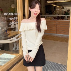 批发韩系简约百搭一字肩<b class='q'>荷叶边</b>长袖针织衫女秋冬新款修身显瘦打底上衣