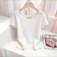 批发已出货 春夏新款<b class='q'>女士</b>灰色短袖针织修身显瘦独特漂亮短上衣