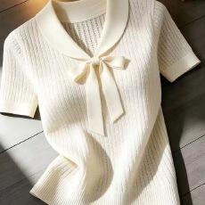 批发已出货 韩国chic洋气v领蝴蝶结短袖<b class='q'>针织衫</b>女夏季新款 显瘦上衣