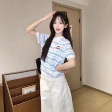 批发已出货 韩国chic<b class='q'>条纹</b>POLO领短袖<b class='q'>针织衫</b>女夏季薄款显瘦学院风