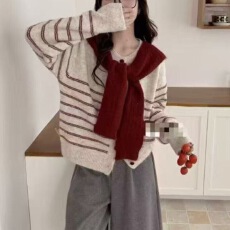 批发已出货 韩国chic撞色<b class='q'>条纹</b>针织开衫毛衣披肩外搭女装秋日韩毛衣