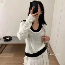 批发已出货 韩国chic撞色假两件u领挂脖露肩针织衫女早秋薄款坑条