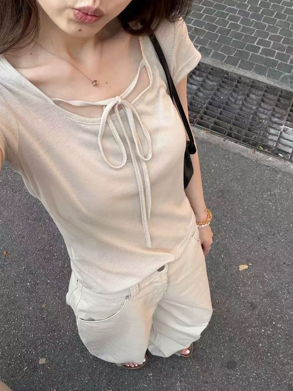 oker 반팔 여성 티셔츠 여름 새로운 가면 t 순수한 욕망 바람 몸매 가꾸기 주간 실크 스트랩 얇은 디자인 센스 맨위