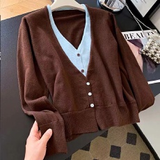 批发实拍美拉德穿搭棕色假两件没有女加厚秋冬慵懒风软糯别致针织开衫