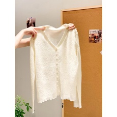 批发实拍温柔系V领蕾丝拼接提花针织开衫女宽松显瘦百搭毛衣外套