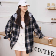 批发秋上新实拍实价 纯棉磨毛连帽衬衫外套慵懒风宽松外搭格<b class='q'>纹</b>衬衣