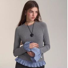 批发格子拼接休闲复古假两件长袖圆领格<b class='q'>纹</b>针织女秋季修身显瘦黑色上衣