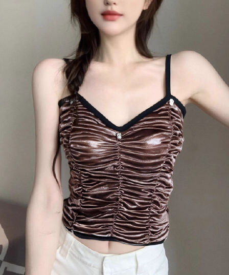 유럽과 미국 스타일 섹시함 핫걸 캐미솔 디자인 센스 이중층 패치워크 신축성 주름 몸매 가꾸기 슬림해 보이는 짧은 맨위