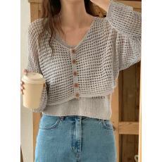 批发温柔风两件镂空针织开衫多色V领<b class='q'>木</b>扣设计春夏防晒叠百搭显瘦透气