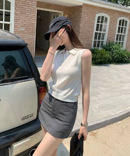 민소매 니트 조끼 여자 봄 여름 새로운 패션 POLO 칼라 다용도 어깨 조끼 외출용 Chic 풀오버 맨위