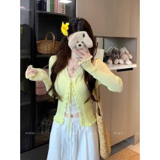 批发韩系<b class='q'>甜美</b>风木耳边拼接针织开衫女夏季新款小个子长袖冰丝短款上衣