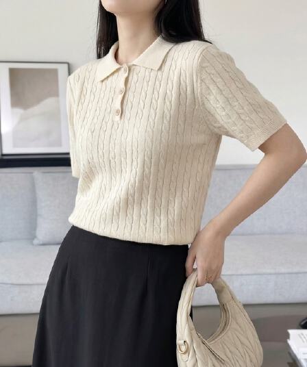 복잡한 고대 돈 바람 POLO 칼라 순면 꽈배기 반팔 니트 티셔츠 여성 봄 여름 외출용 얇은 스타일 만나는 맨위