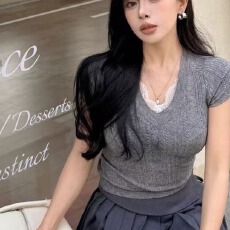 批发韩系灰色蕾<b class='q'>丝</b>V领针织短袖女夏季2026新款修身显瘦设计感气质上衣