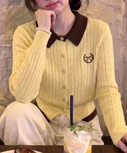 한 부서 학원 스타일 페이크 레이어드 배색 POLO 칼라 긴팔 니트 오픈 가디건 맨위 여성 의류 2026 조기 가을 새로운