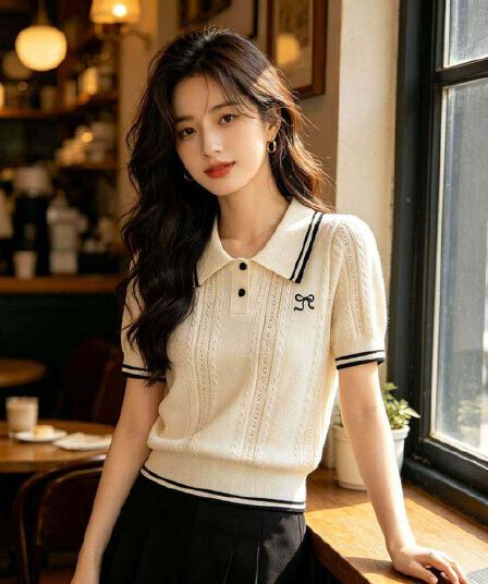 얼음 실크 차가운 센스 통기성 니트 POLO 셔츠 반팔 여름 새로운 폴로 칼라 반소매 슬림해 보이는 배색 스트라이프 맨위 트렌디