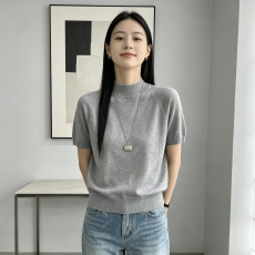 批发26早秋半高领短袖针织衫女插肩袖纯色软糯打底衫通勤百搭套头上衣