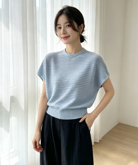2026 여름 새로운 라운드 넥 볼륨 측면 니트 스웨터 여성 수평 구덩이 기사 배트윙 소매 루즈핏 슬림해 보이는 다용도 반팔 맨위