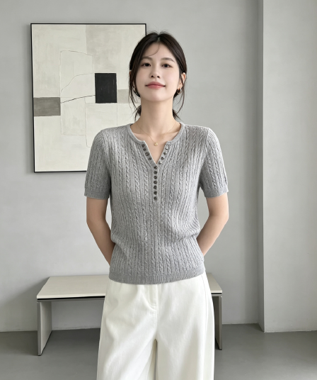 2026 여름 새로운 헨리 칼라 꽈배기 니트 스웨터 여성용 짧은 소매 몸매 가꾸기 슬림해 보이는 다용도 한 바람 품격 맨위