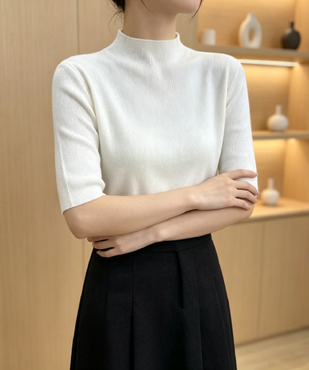 2026 이른 가을 새로운 반하이넥 니트 스웨터 여성 5 점 소매 몸매 가꾸기 슬림해 보이는 다용도 품격 출퇴근 만나는 맨위
