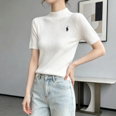 批发2026早秋半高领竖坑条针织衫女小马刺绣修身<b class='q'>短袖</b>百搭内搭打底上衣